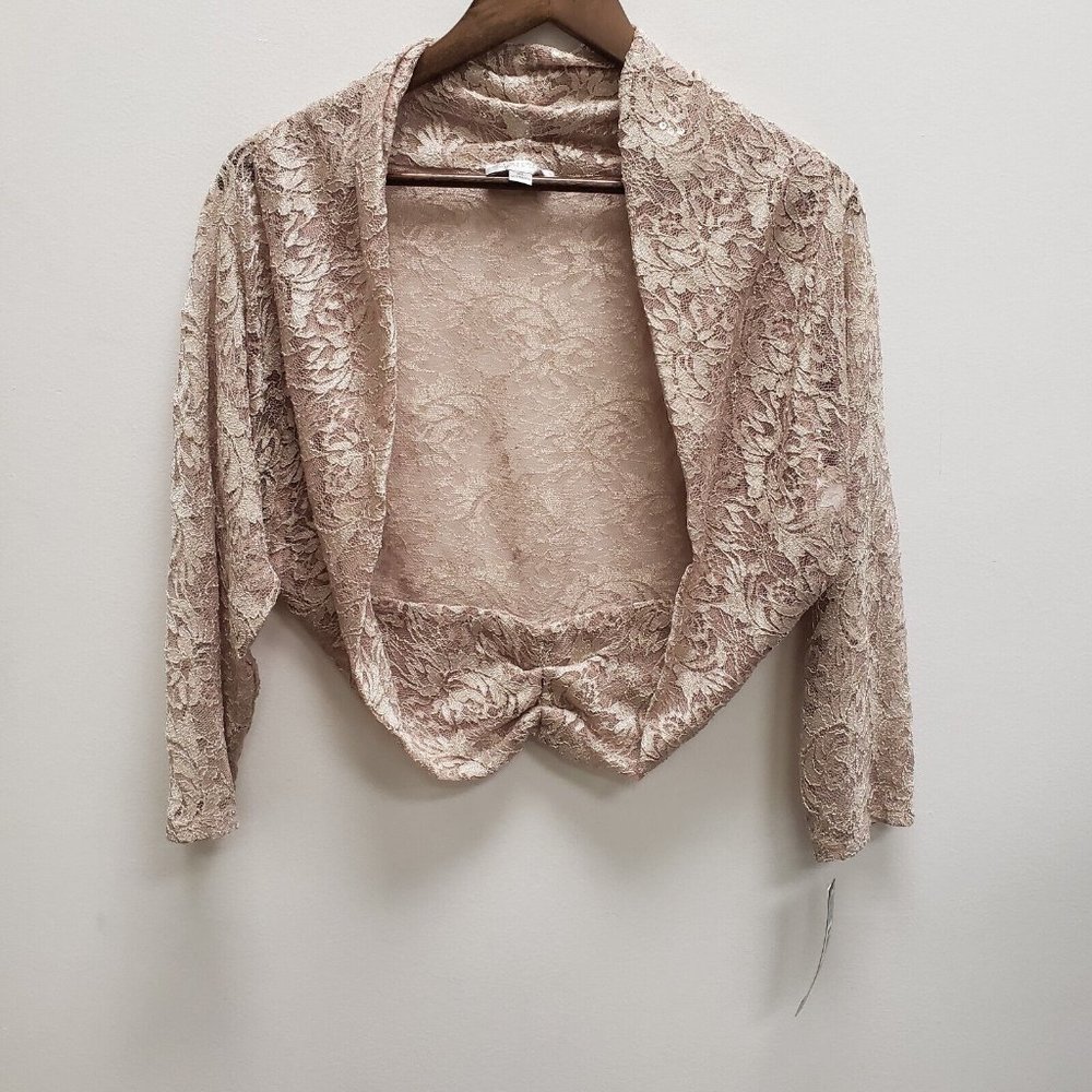 Tahari Womens Lace Cropped Cardigan Size XL Beige 3/4 Sleeve Open Front NWT